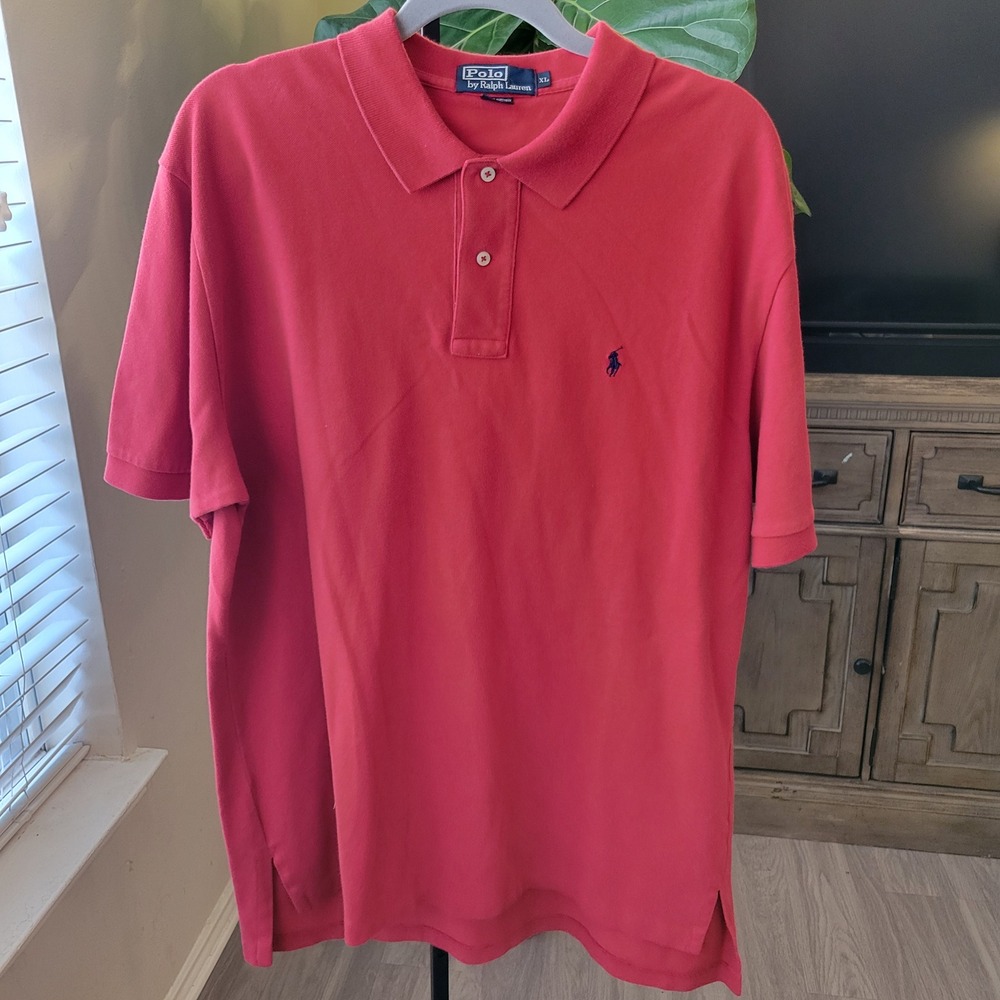 VTG Polo Ralph Lauren Mens XL Red Short Sleeve Pique Cotton Polo Shirt Navy Pony